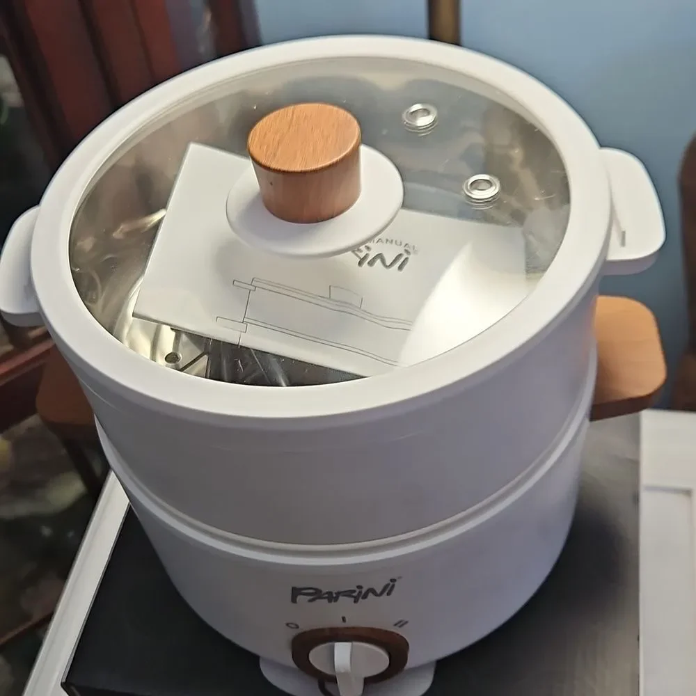 NIB Parini White Electric Hot Pot with Wooden Accents